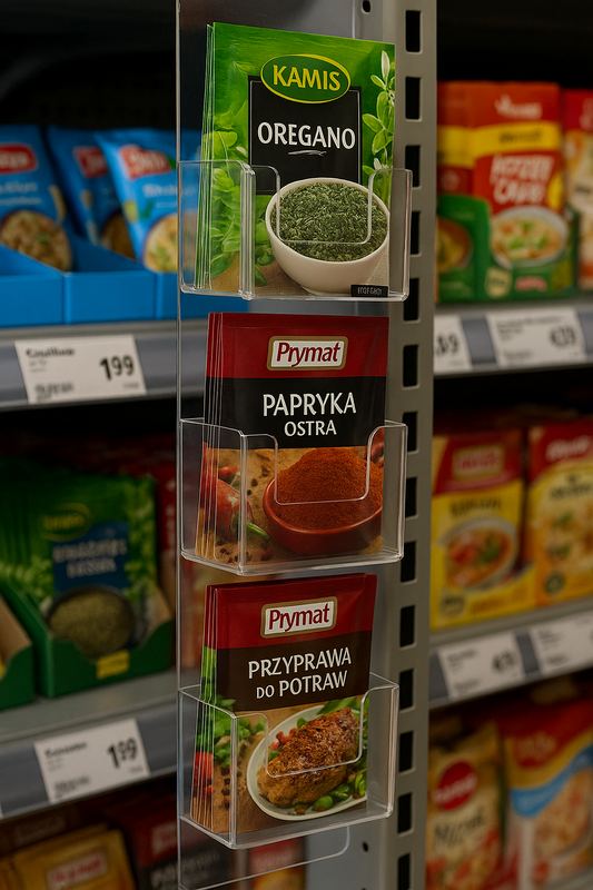 Ekspozytor ścienny z plexi na przyprawy do sklepu spożywczego