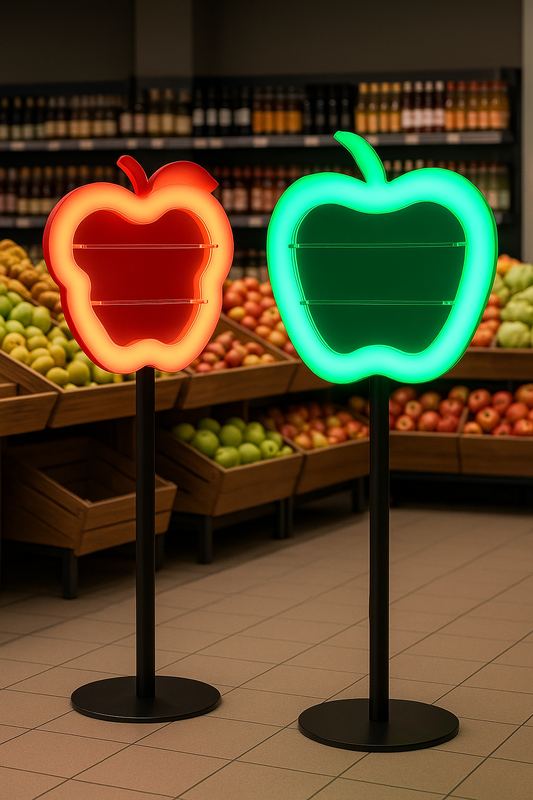 Ekspozytor podłogowy podświetlany LED z plexi owoce sklep